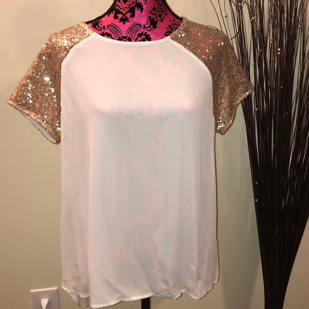 Rue 21 White & Rose Gold Chiffon Sequined Shirt